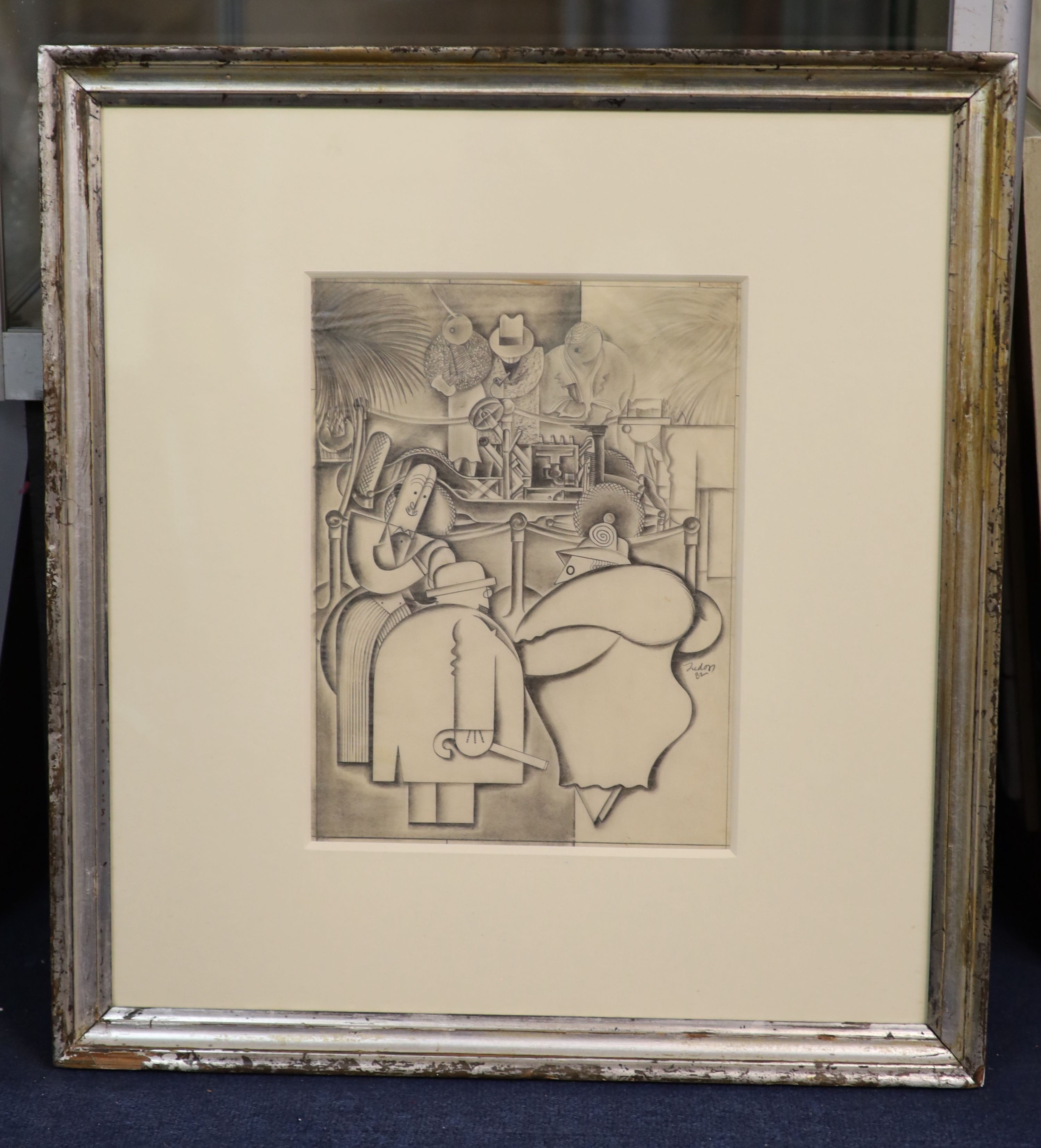 Charles Tudor (American, 1903-1970), Figures around a bar, pencil on paper, 32 x 23.5cm